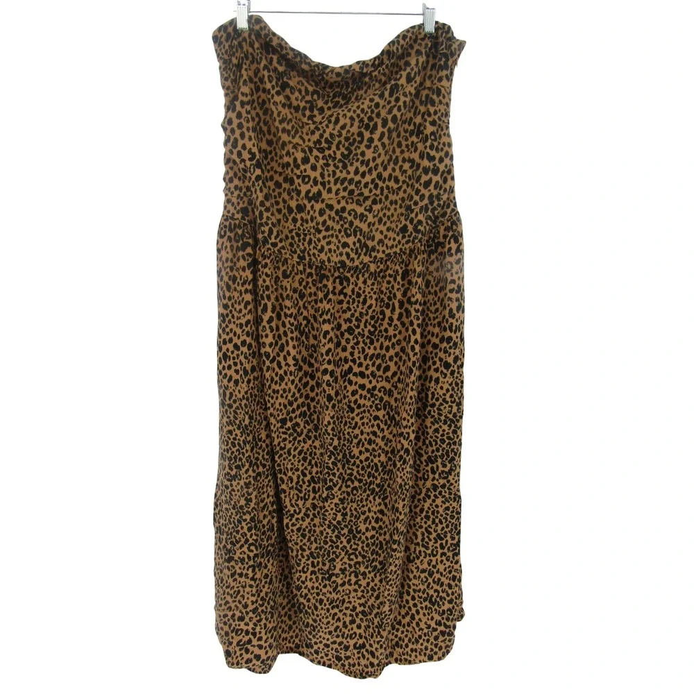 Brown Leopard Print Linen Strapless Midi Dress XL Casual Safari Animal Boho Chic